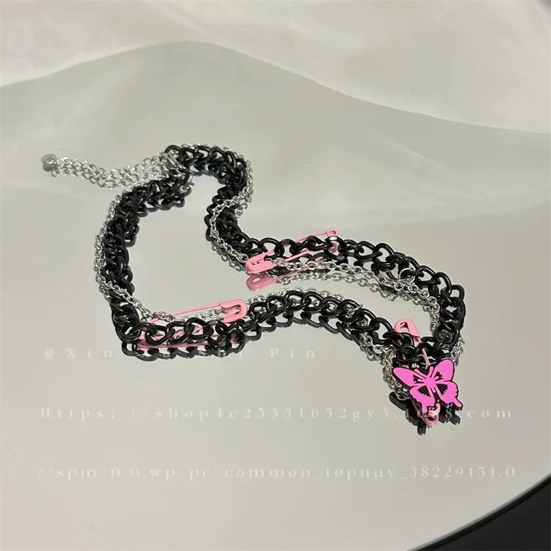 Black Chain Pin Pink Butterfly Necklace Female, Sweet Cool Hip Hop Spice Girl Sweater Chain Niche Accessories