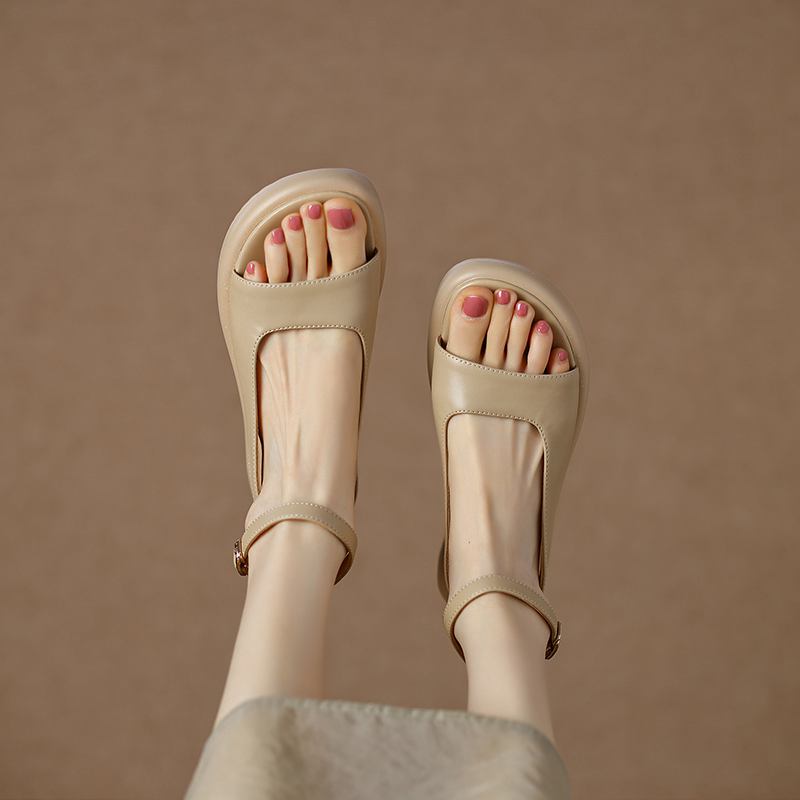 Krazing Pot Microfibră Peep Toe Tocuri joase Vară Platformă Plată Glezna Cataramă Femei Sandale de agrement