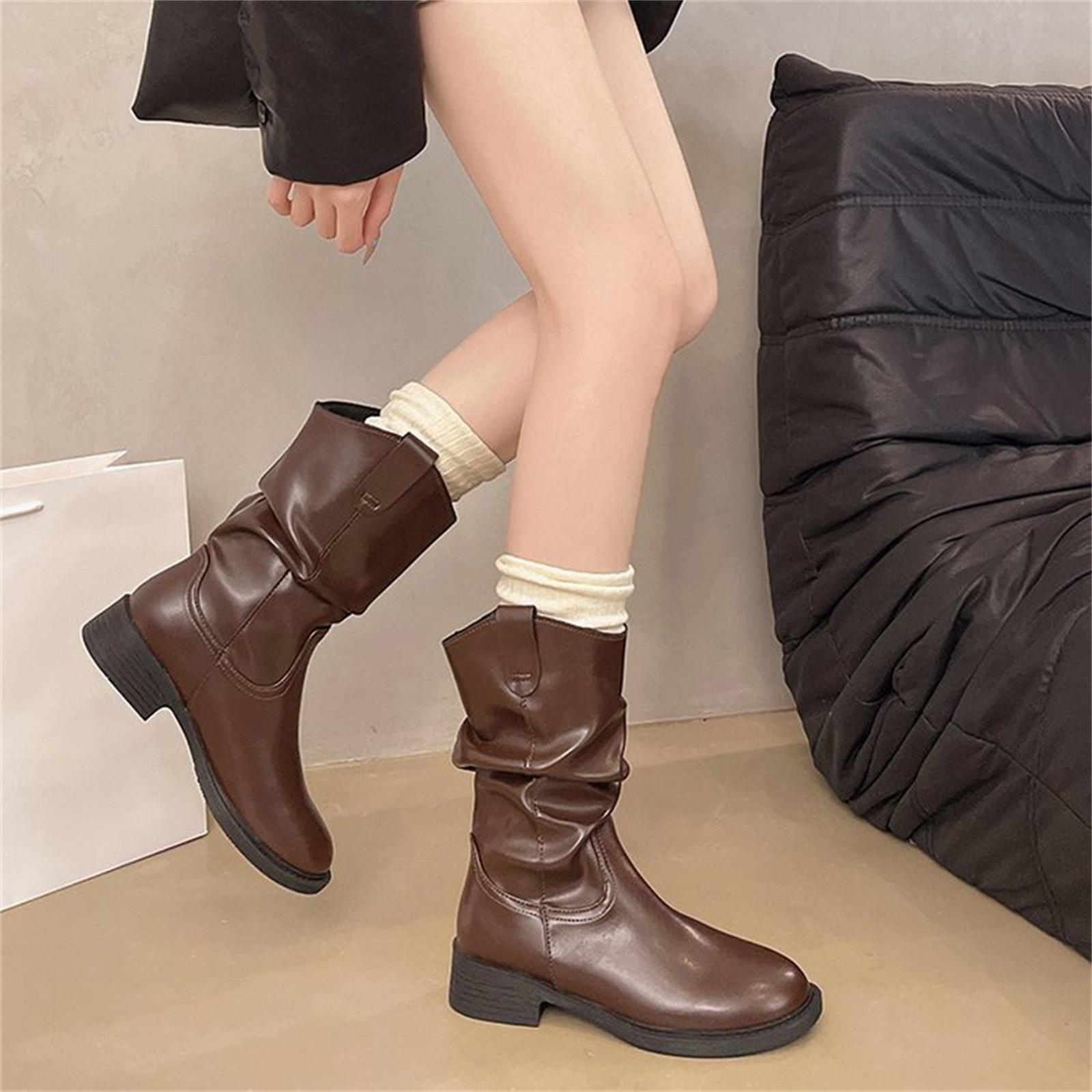 Women s Fashion - Stacked Round-Toe Leather Boots 38 коричневый