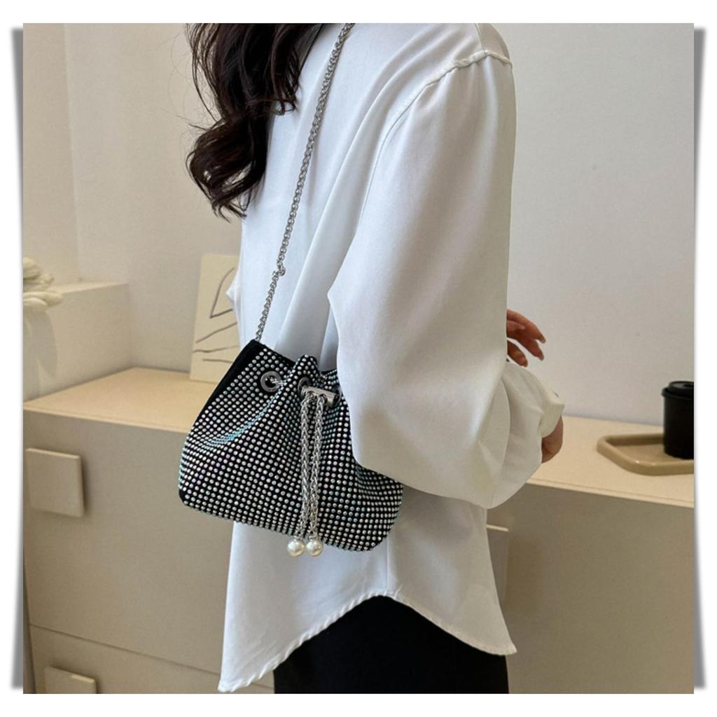 APOSITV Sparkly Shoulder Bag for Women with Silver Chain and Rhinestones for Party Wear