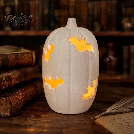 Illuminazione Notturna Atmosferica Zucca di Halloween Statuetta in Resina, Lanterna a Forma di Pipistrello Traforata con Artigianato Artistico Luce Calda, Spettrale Interno Esterno Casa Tavolo