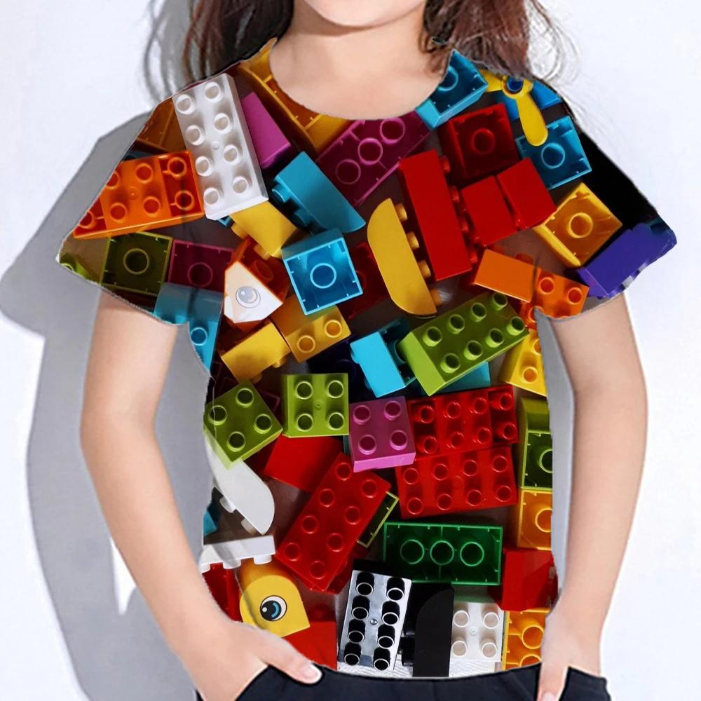 3D Colourful Bricks Short Sleeve Tshirts Summer Children's Boy's Clothing T-Shirt For Girls Kids Clothes Fashion 2026 Tees Tops