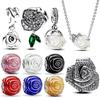 925 Silver Rose Bloom Necklace Earrings Set Women Gift Jewelry Original Charm Beaded Collection