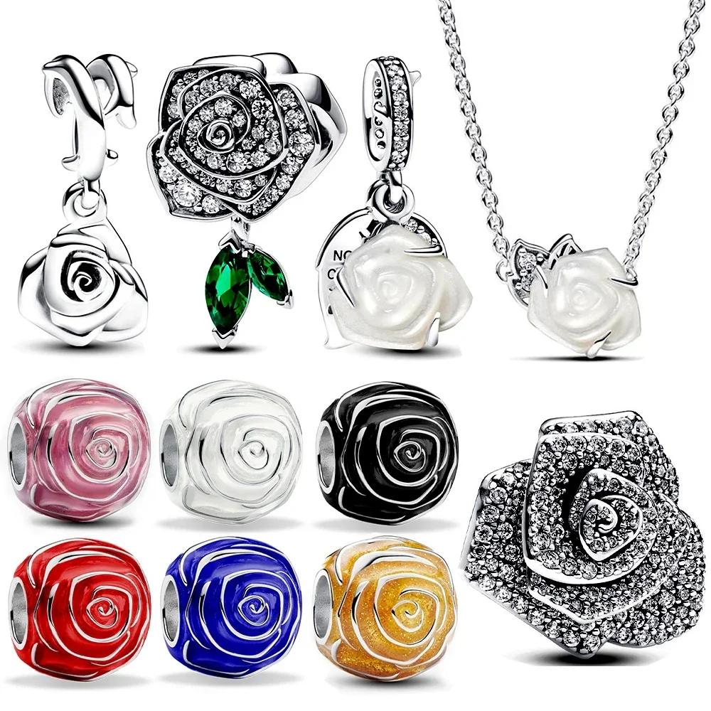 925 Silver Rose Bloom Necklace Earrings Set Women Gift Jewelry Original Charm Beaded Collection
