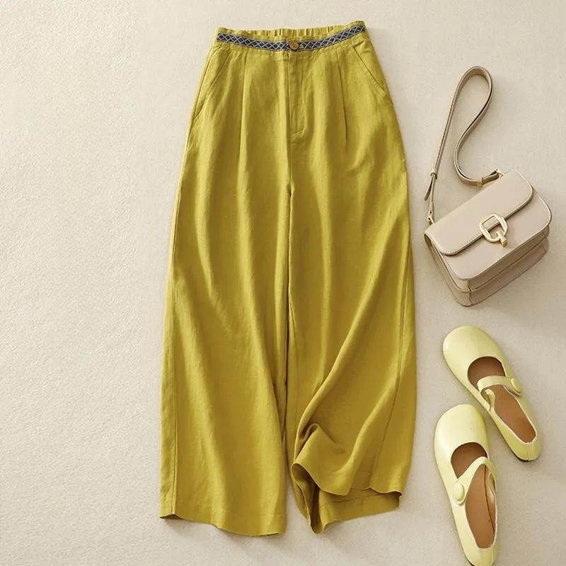 Spring Summer Retro Embroidered Cotton Linen Wide Leg Pants Women Loose Large Size Trousers