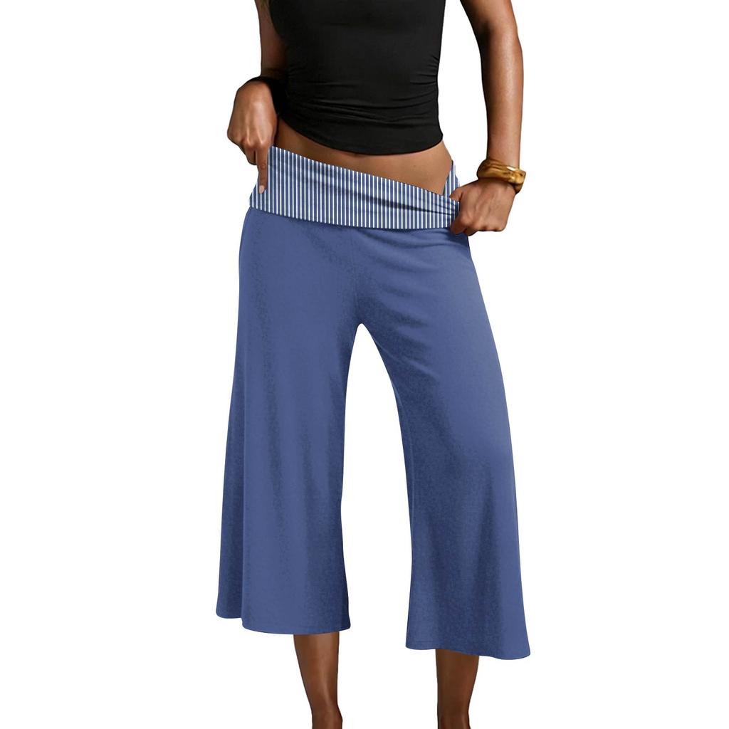 Womens Fold Over Cropped Pants Flared Bottom Fold Over Sweatpants Low Yoga Strechy Casual Wide Leg Sweatpant