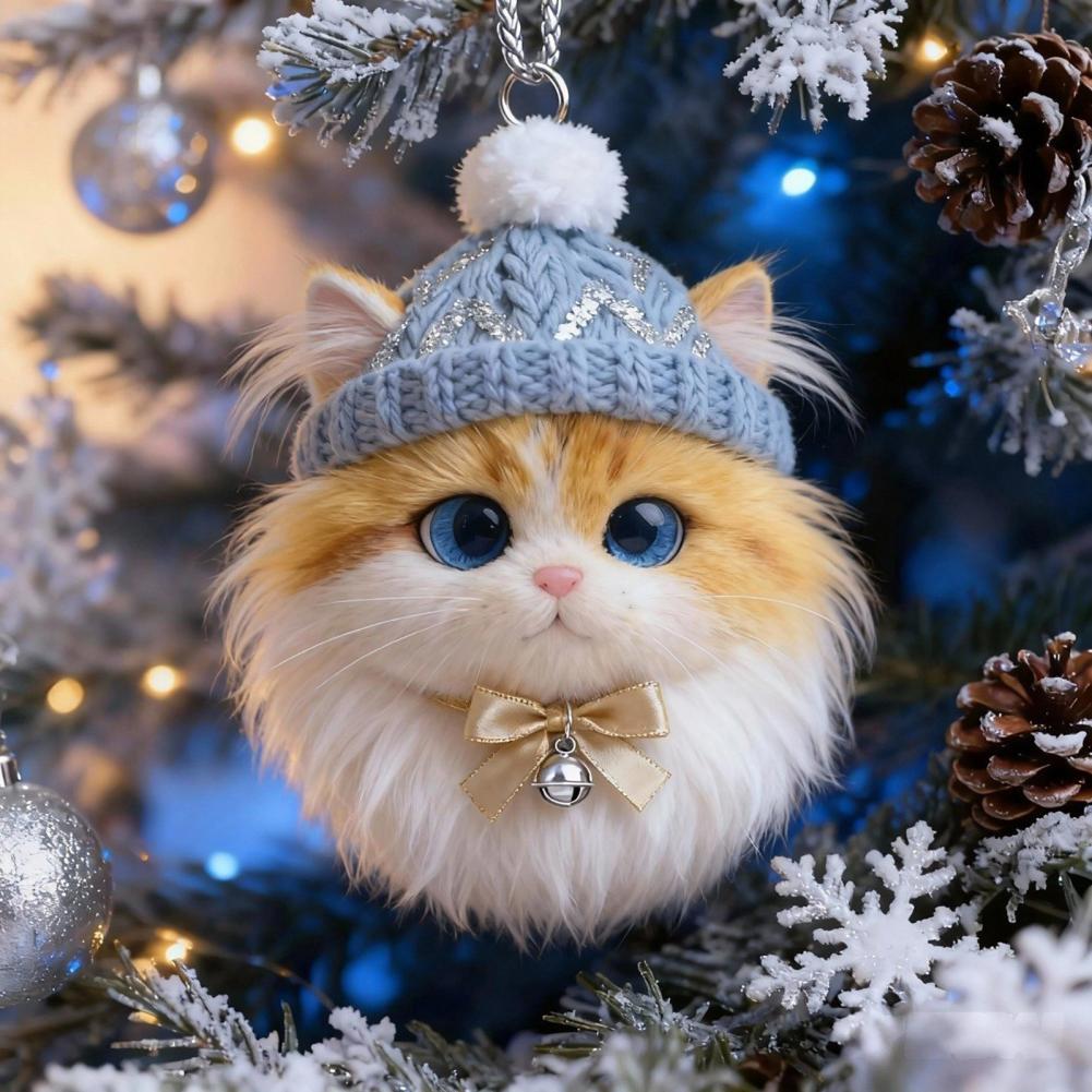 2D Acrylic Cat Dog Rabbit Hanging Pendents Plush Pet Shaped Ornament Christmas Tree Cozy Winter Animal Charm Knitted Hat Decor