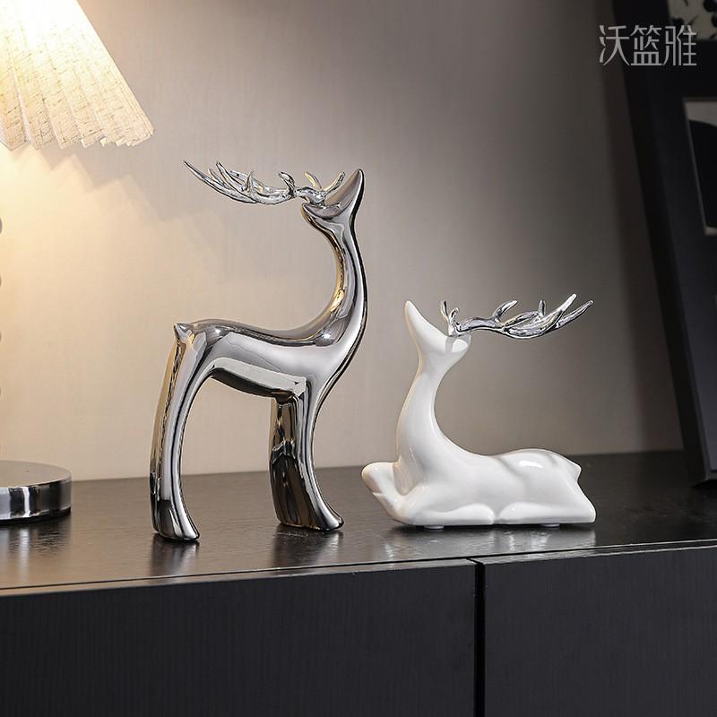Modern Minimalist Ceramic Deer Figurine Set Living Room TV Cabinet Decor With Crystal Ball Or LED Light Option