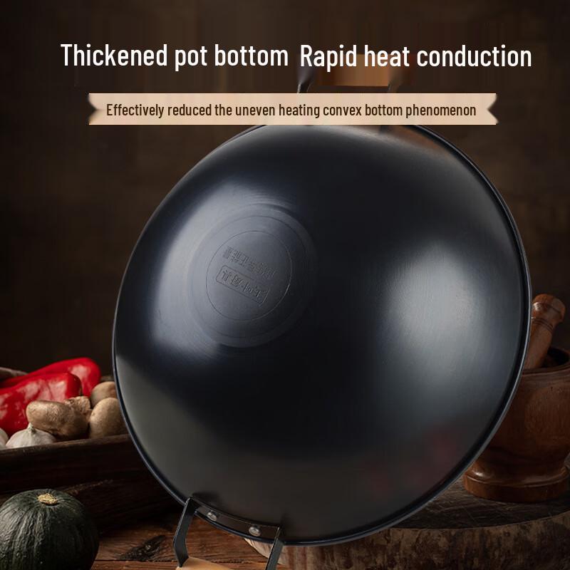 36cm Schmiedeeiserner Wok mit zwei Griffen, Deckel & Pfannenwender