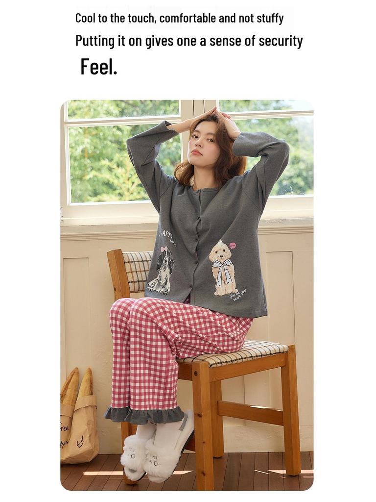 Women's Cute Cartoon Pajama Set with Chest Pads - Long Sleeve, Long Pants for Spring & Autumn, Wear Indoors or Out