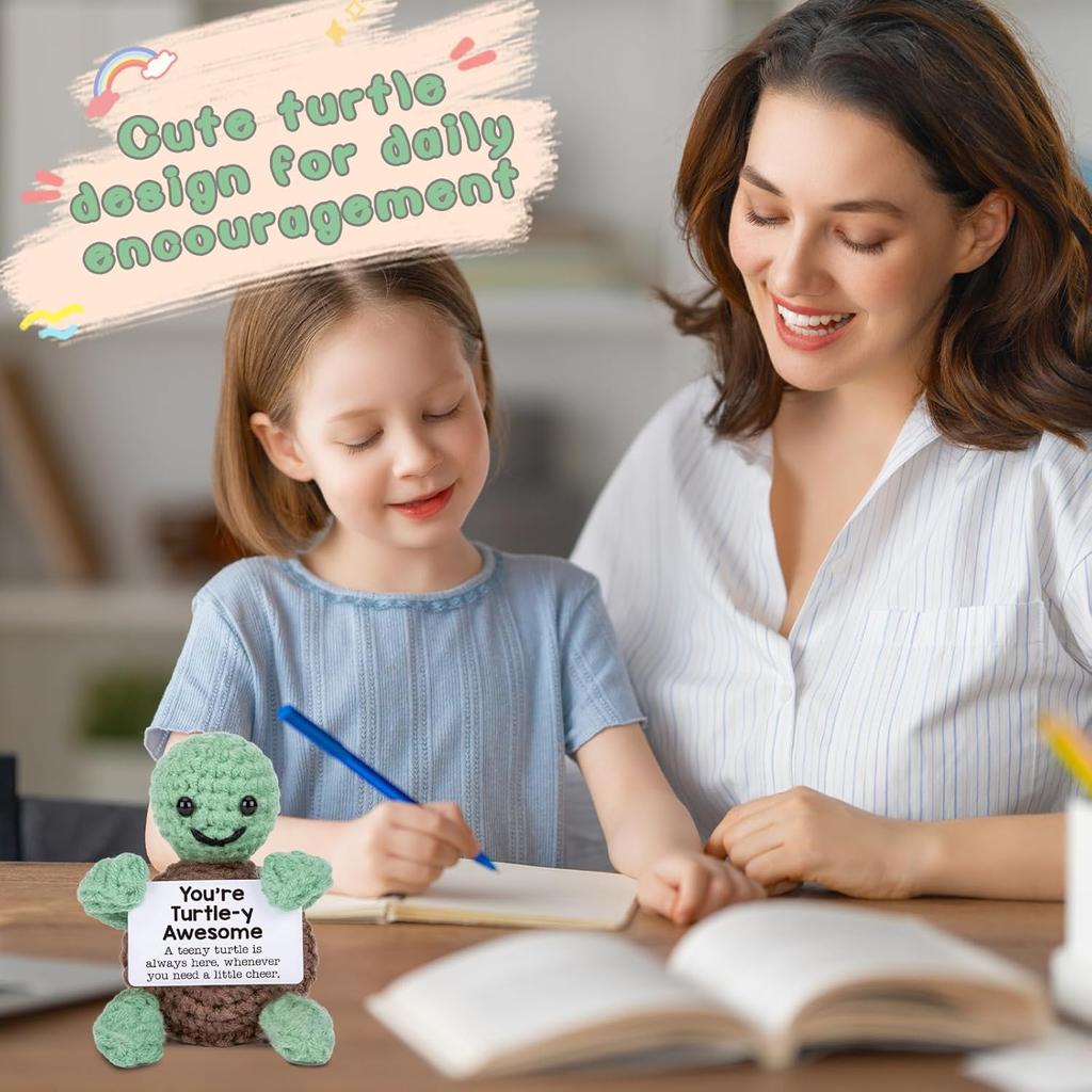 Funny Crochet Turtle Doll With Positive Card Home Room Decoration Handmade Wool Knitted Emotional Motivational Turtle Ornament