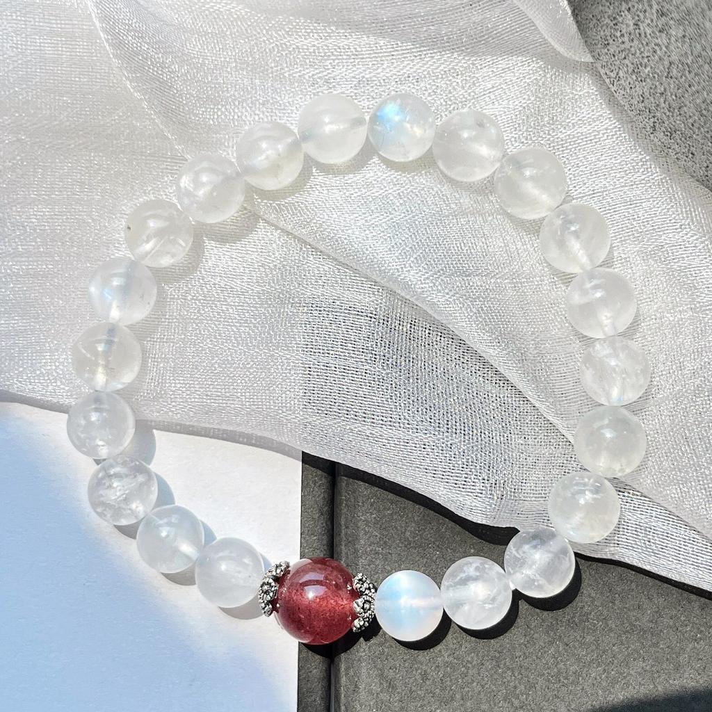 925 Silber 8mm Kügelchen Starkes Blaues Licht Natürlicher Weißer Mondstein Taubenblut Rot Erdbeer-Kristall Armband Armband