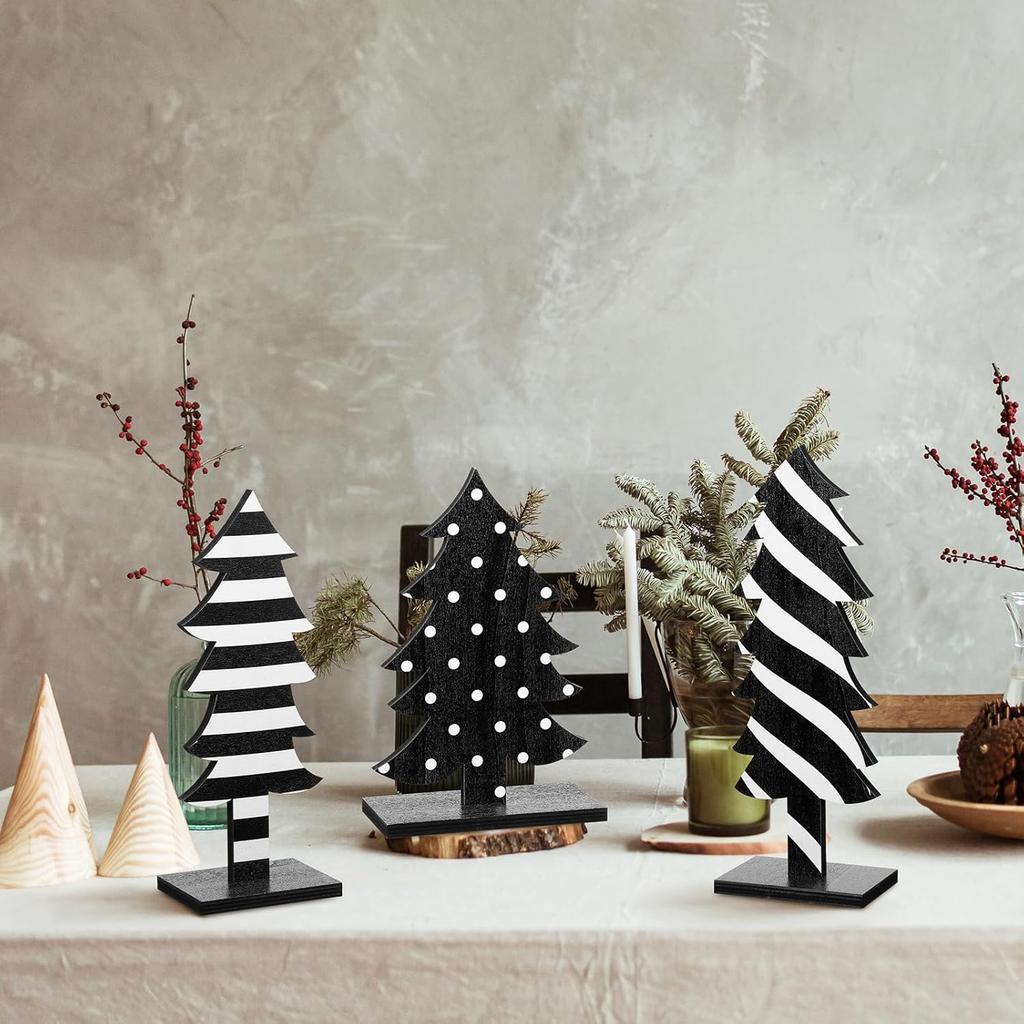 3 Pcs Wooden Christmas Tree Tabletop Decor, Black & White Freestanding Handmade Xmas Centerpiece for Home Party