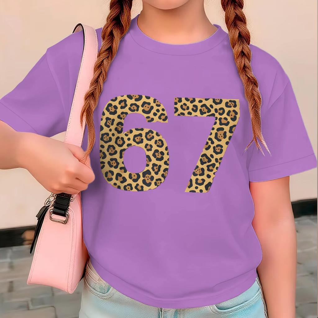 6 7 Six Seven Leopard Creative Print Tshirt Soft Breathable for Daily Outdoor Casual Wear Funny Gift Cotton Tee Girl Clothing