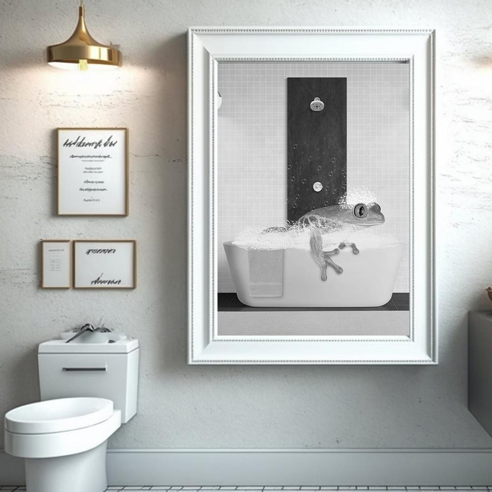 Funny Frog In Bathroom Print Art Toilet Wall Black White Poster Whimsy Animal Reading Newspaper Canvas Painting Room Home Decor