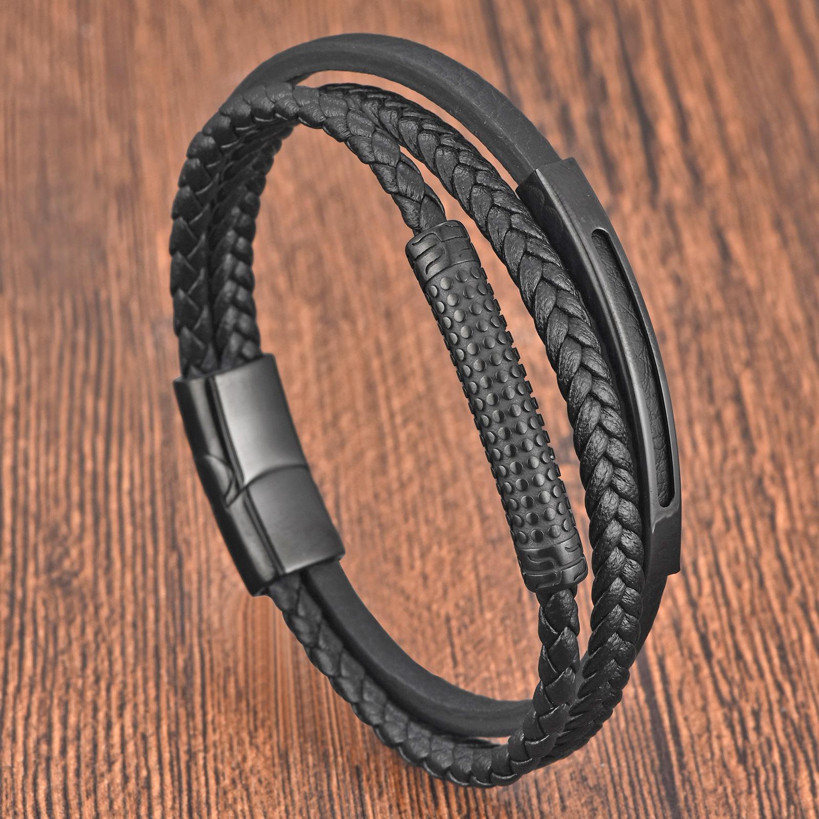 Black Leather Rope Cowhide Men s Double Layer, Genuine Leather Woven Bracelet Handmade Multilayer Leather Bracelet 2026 21CM
