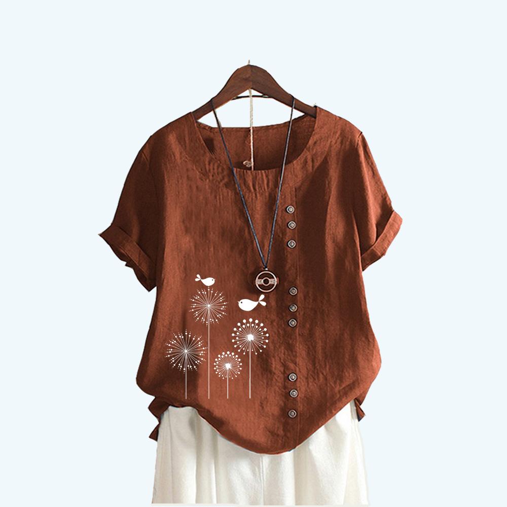 Women Fashion Floral Print Short Sleeve T-shirt Summer Casual Round Collar Cotton Linen Top Pullover Loose Blouses