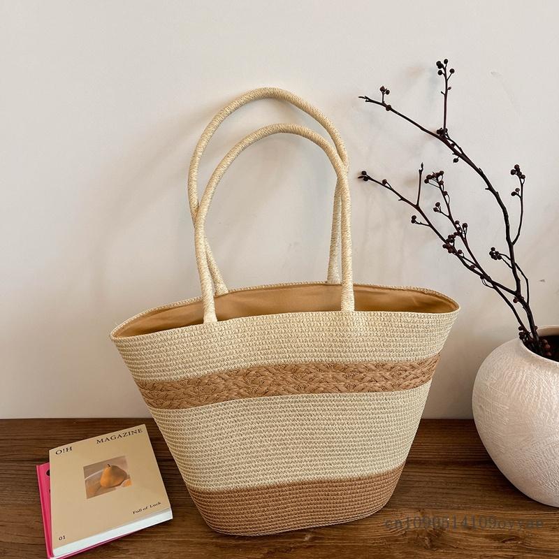 

New Beach Straw Woven Shoulder Bags Versatile Simple Straw Woven Bags Large Capacity Tote Bags Women s Beach Vacation Beach Bags