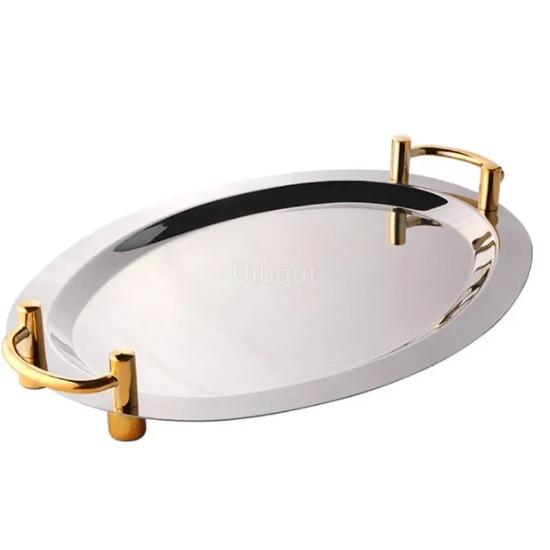 Golden Oval Stainless Steel Big Round Plate Tray Buffet Candy Cake Fruit Mirror Plate Hotel Restaurant Grill Wedding Cute Dish