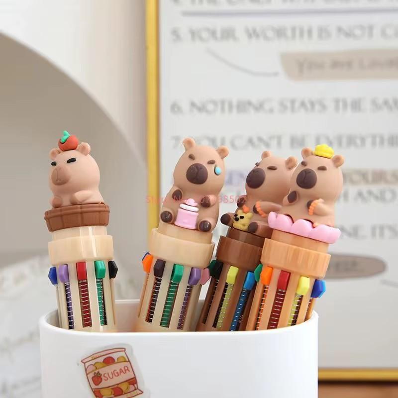 6Pcs Cute Capybara Retractable Ballpoint Pen Set Cartoon Multicolor Pens Kawaii School Office Stationery Drawing Gift