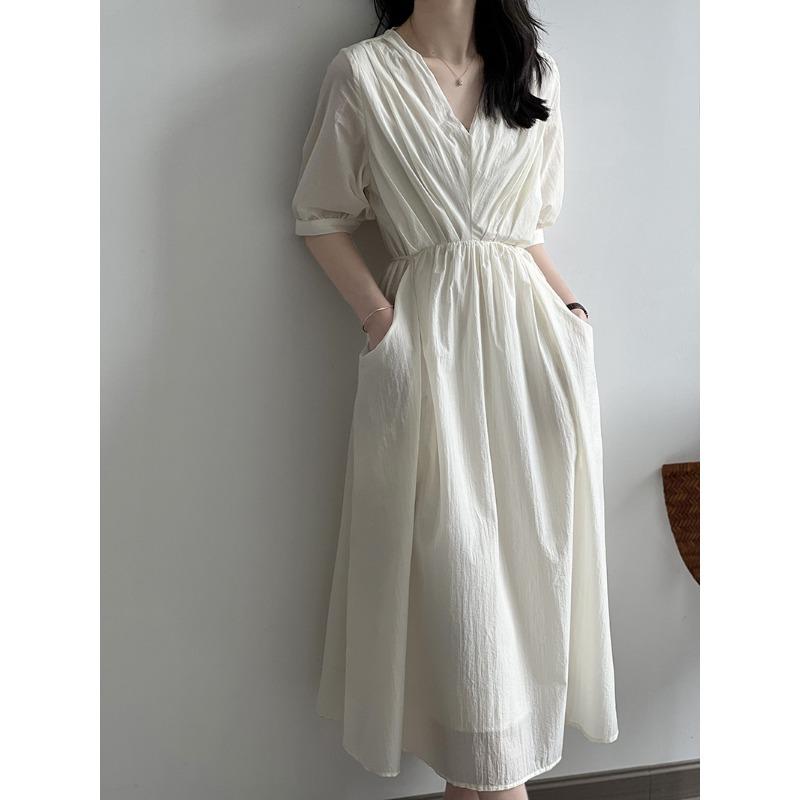 Vintage V-neck Pleated Dress Summer Women's Temperament Tie Waist Mid-length Dress