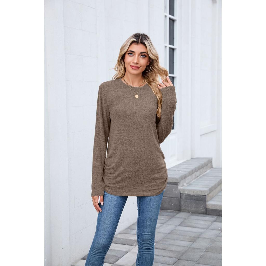 Fall Winter New Women's Solid Color Crew Neck Loose Long Sleeve T-shirt Top For Cross-border Export
