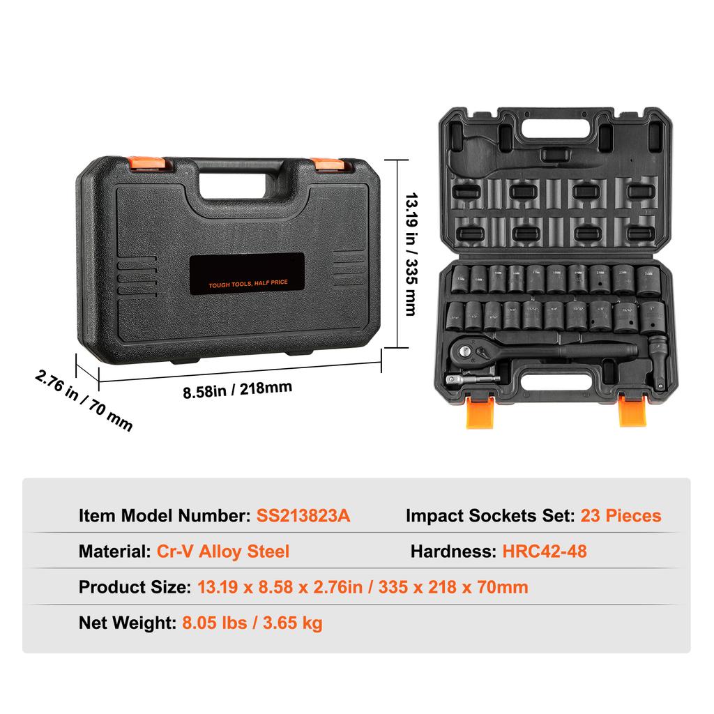 SucceBuy 1/2" 3/8" Drive Impact Socket Set 23/33/34/48/65 PCs Deep Socket Set SAE Metric Cr-V Cr-Mo Alloy Steel for Auto Repair
