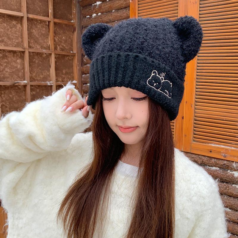 Lazy bear ears knitted hat winter cartoon embroidery hat women's soft waxy skin-friendly versatile wool hat