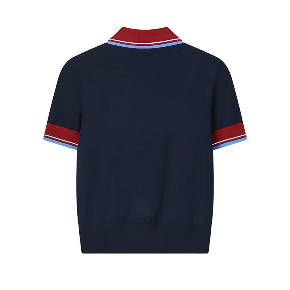 Fila Moda Patrimonial Simples Clássico Retrô Casual Versátil Confortável Ajustado Tricô Manga Curta Suéter Tops Femininos Azul Cigarro F11W628415FDB