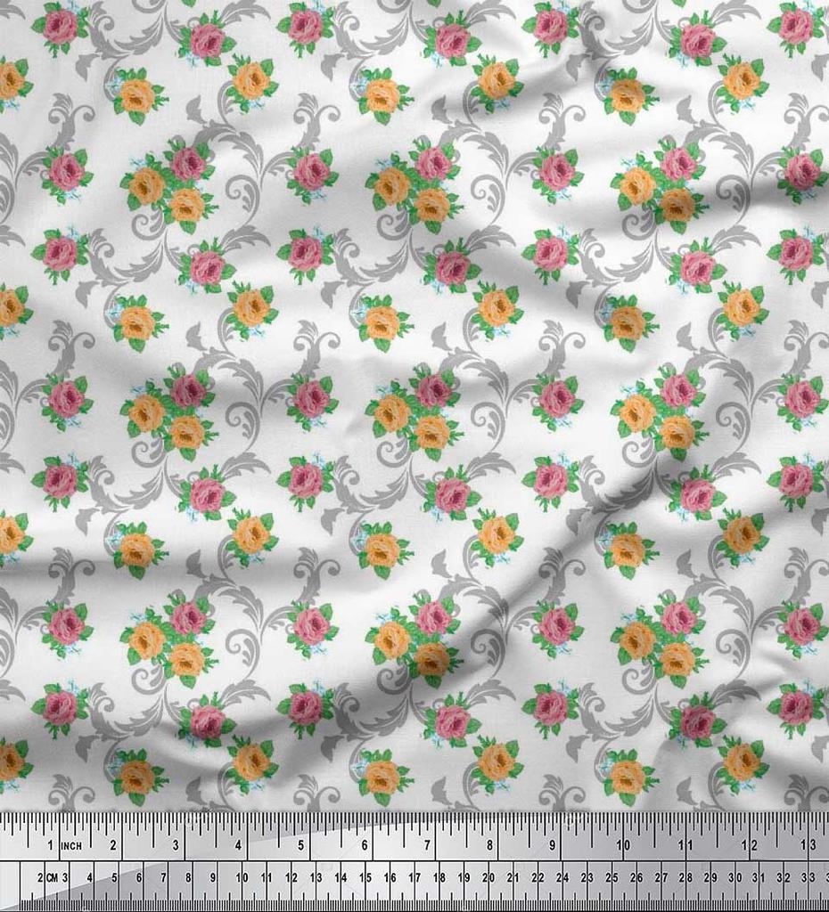 Soimoi Japan Crepe Satin Fabric Swirl,Leaves & Rose Floral Printed Fabric 1 Metre 42 Inch