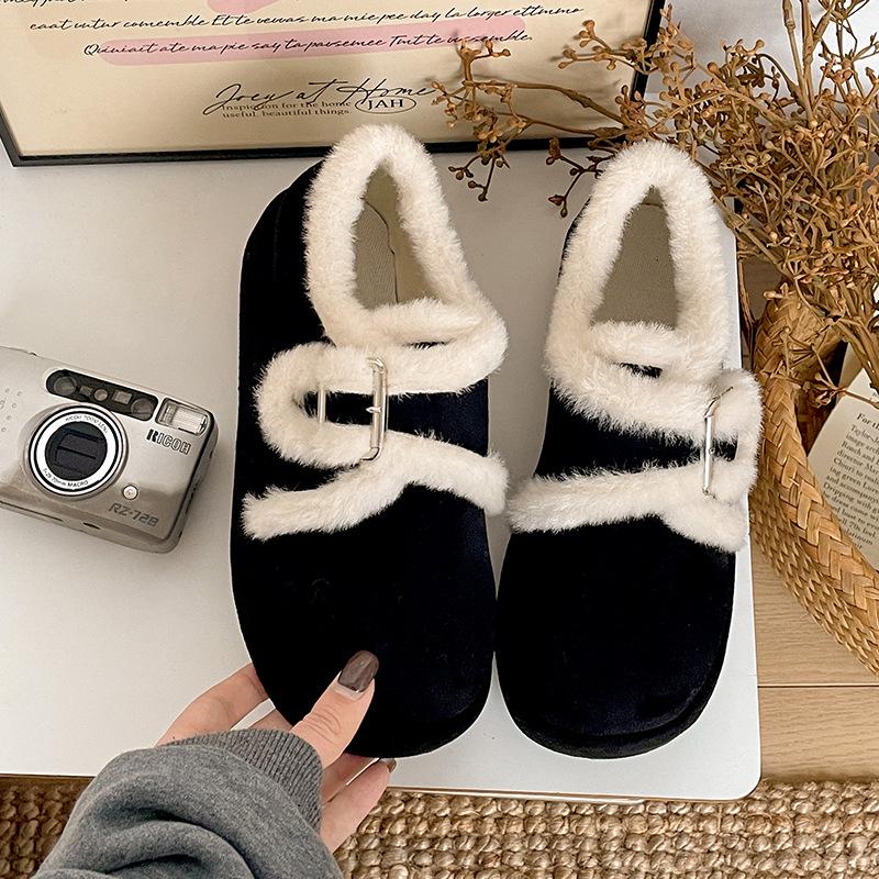 Fleece thickened thick-soled fluffy single shoes women s winter warm Birkenstock cotton shoes 35