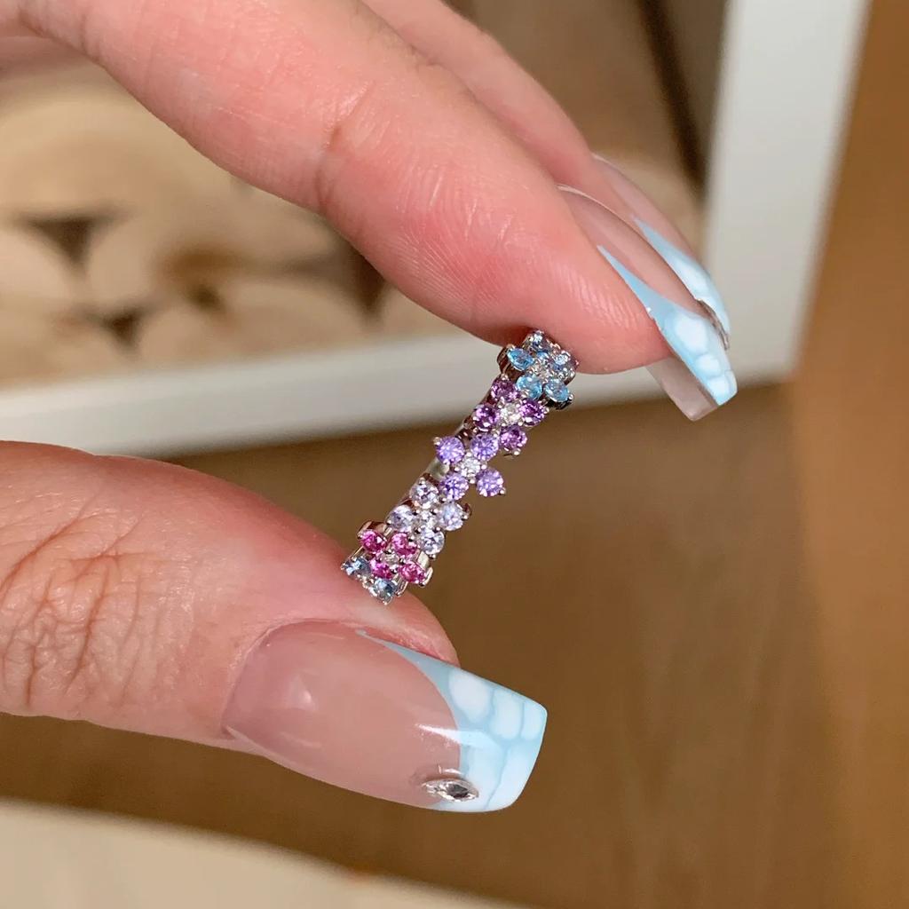 Vintage Dopamine Clover Ring French Light Luxury Color Diamond Monet Garden Strip Ring Row Ring Female