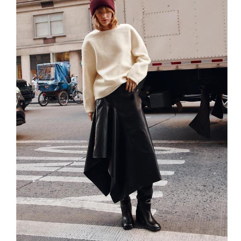 Autumn and Winter New Women clothes Western Style Pu Imitation Leather Asymmetric Mid-Length Midi Skirt 3581242