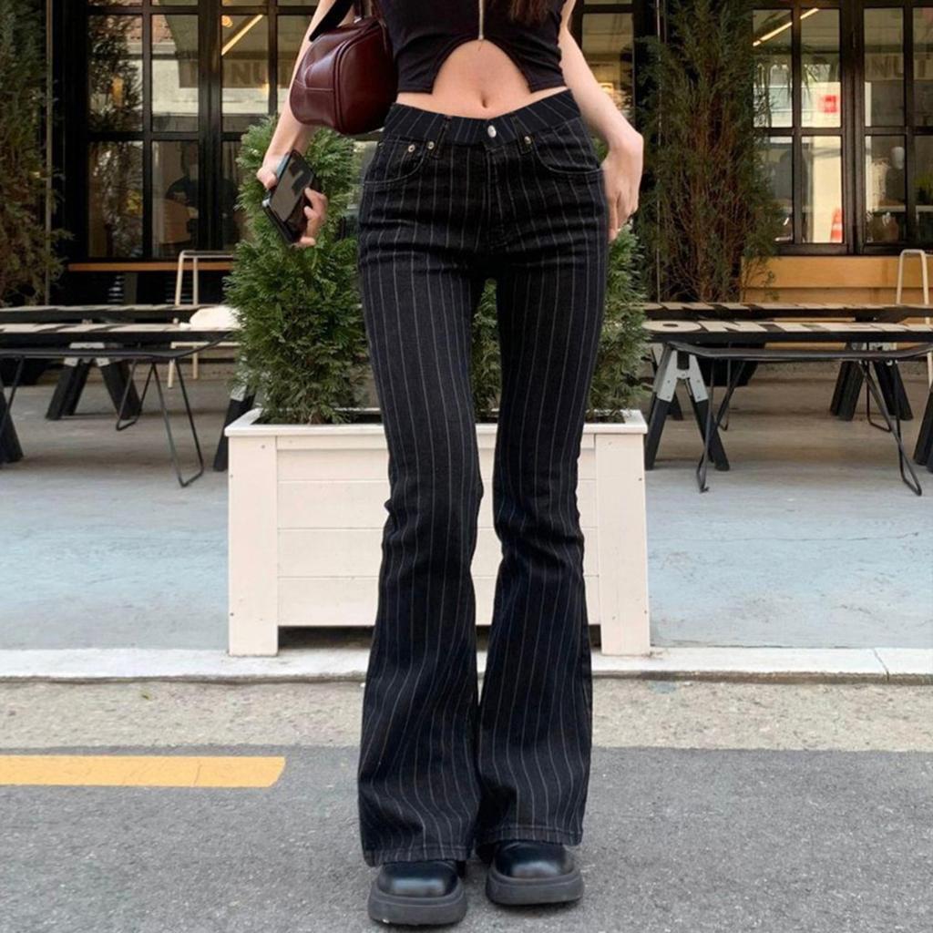 Ropa Y2k Jeans de Tiro Bajo Acampanados para Mujer Pantalones de Mezclilla Rayados Negros Casuales Streetwear Pantalones de Campana