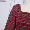VONDA Rochie Midi Eleganta Retro pentru Femei cu Guler Pătrat, Mâneci Lungi Bufante, Curea, Imprimeu Carouri Vintage