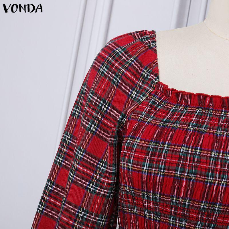 VONDA Rochie Midi Eleganta Retro pentru Femei cu Guler Pătrat, Mâneci Lungi Bufante, Curea, Imprimeu Carouri Vintage