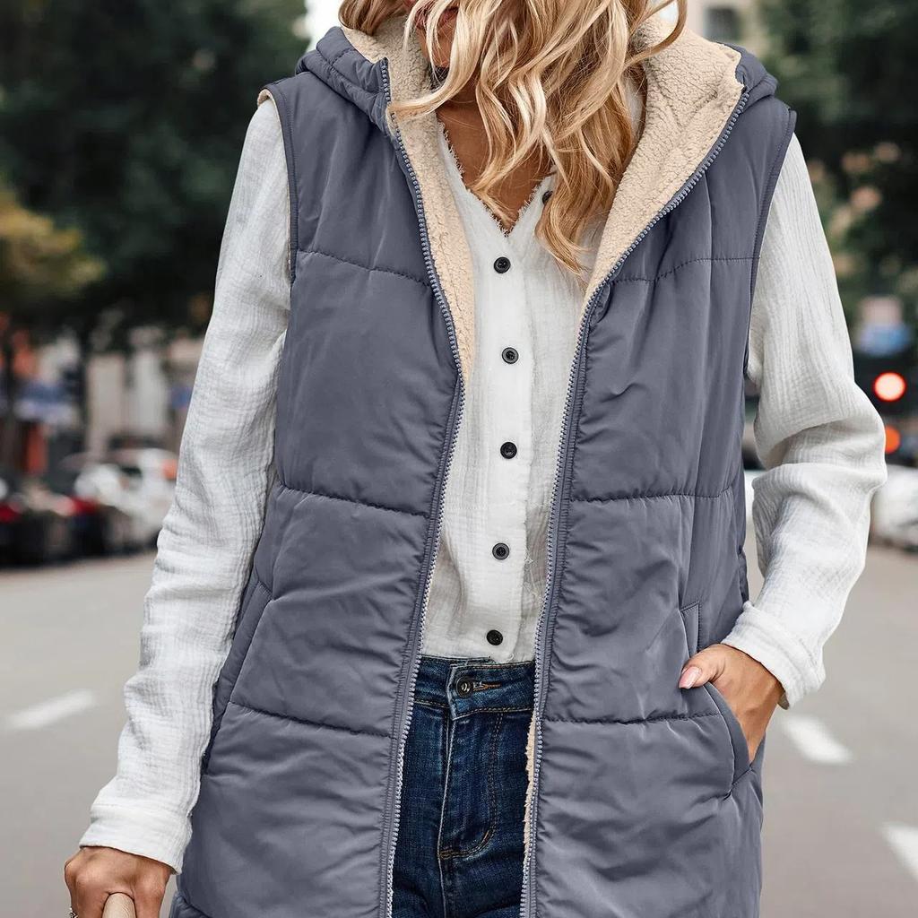 Womens 2025 Fall Reversible Vests Sleeveless Fleece Jacket Zip Up Hoodie Pockets Long Warm Winter Coat