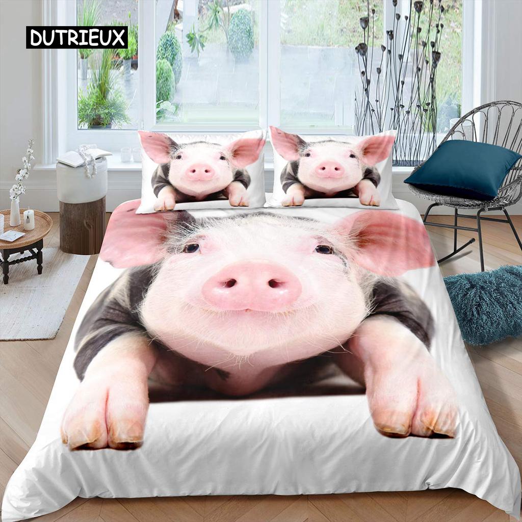 Pig Duvet Cover Set Cute Pig Bedding Set King Size Zoo Quilt Cover Happy Farm Animal Comforter Cover with Zipper Closure for Kid