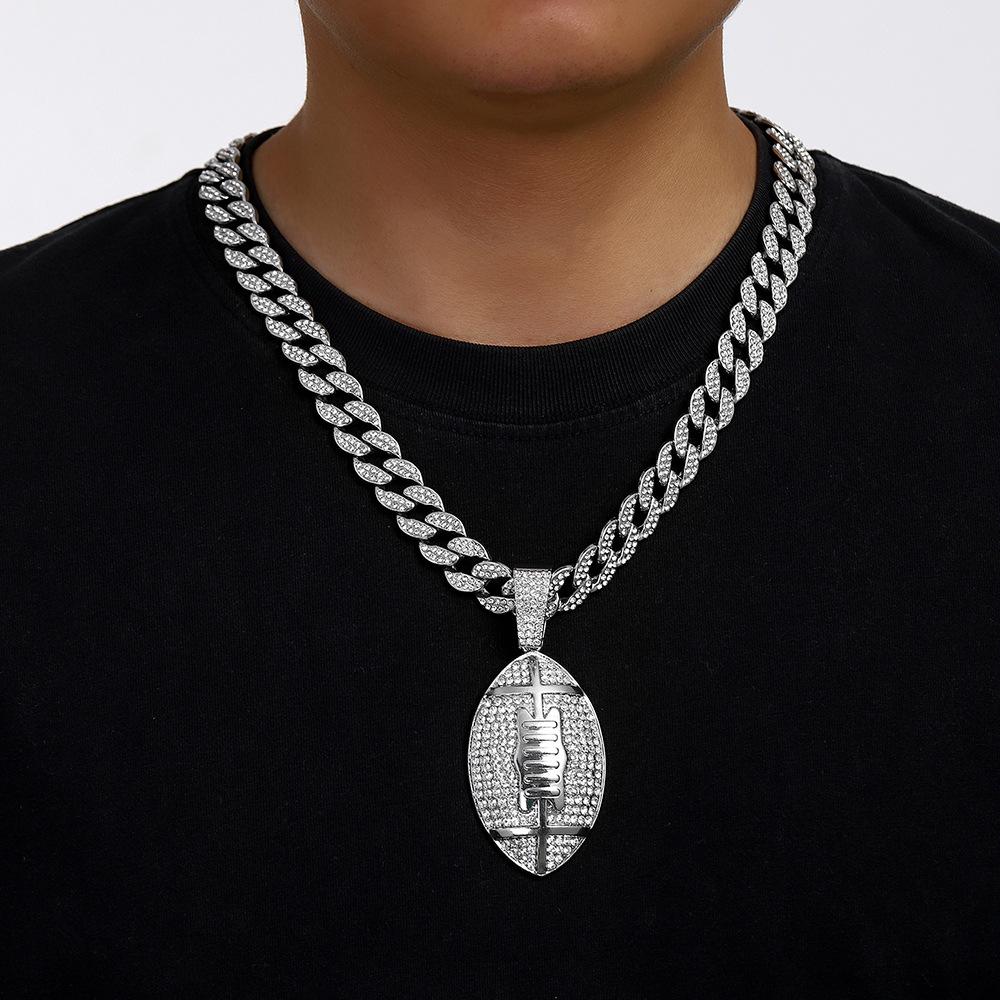Europe and America New Full Diamond Rugby Alloy Pendant Hip Hop Cuban Chain Tennis Chain Fried Dough Twists Chain Men's Necklace