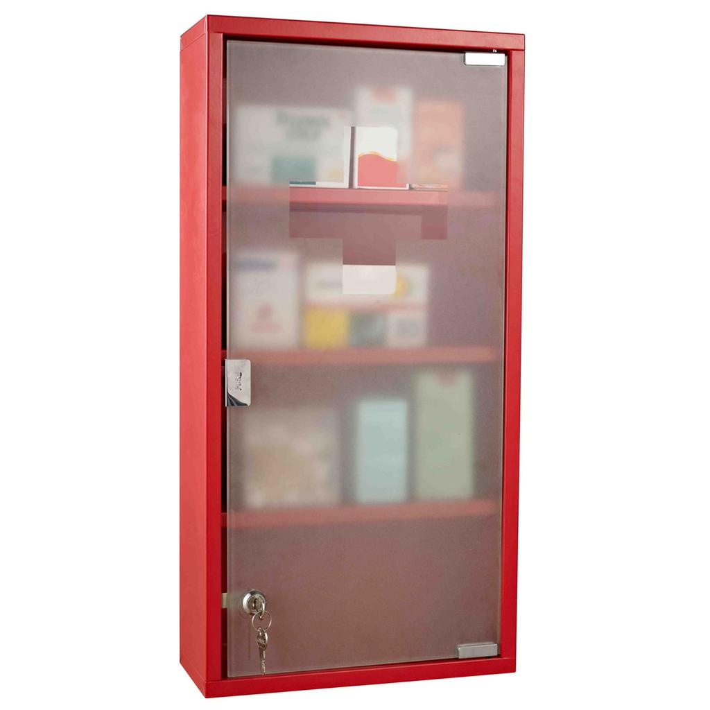 Lockable Medicine Cabinet, 3-Shelf 4-Tier, Glass Door, Cross Logo, 30 x 12 x 60 cm, Red Steel