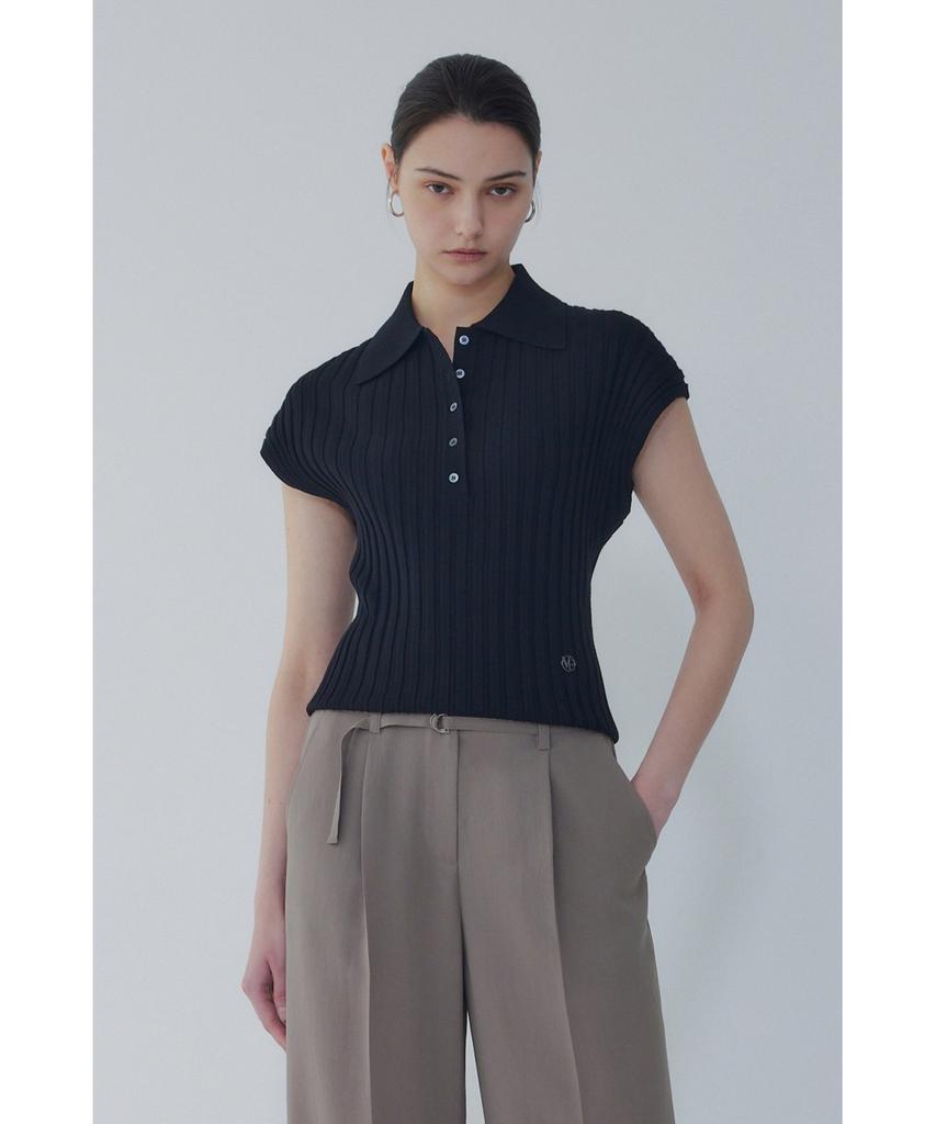 Bobeu Collared Neck Ribbed Knit Pullover_Black 7156250004