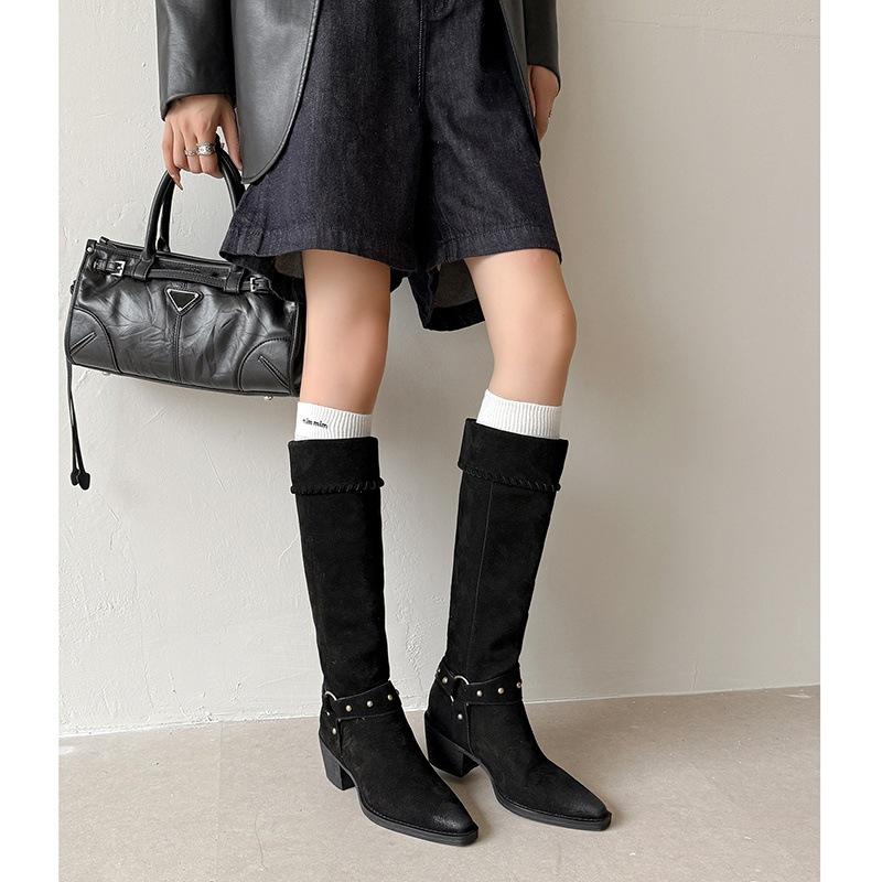 Inside And Outside Full Leather Style Retro Martin Knight Tall Tube Winter Round Head Thick Middle Heel Knight Boots Western Boots Women