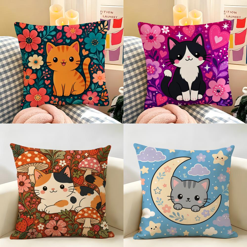 Cute Cartoon Cat Print Cushion Cover Natural Linen Organic Fabric Double-Sided Printing Breathable Perfect For Home Decor