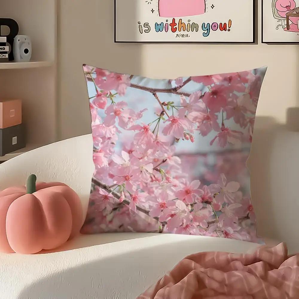 Each Skin Pillow Cover 2D Flat Printed Pink Cherry Blossom Sakura Cushion Cover Spring Floral Home Decor For Sofa Living Room