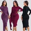 And American Style Sexy Asymmetrical Neckline, Nine-Quarter Sleeves, Ruched Tie-Up Irregular Dress for Women, Hot Girl Style, Slimming Bodycon Dress