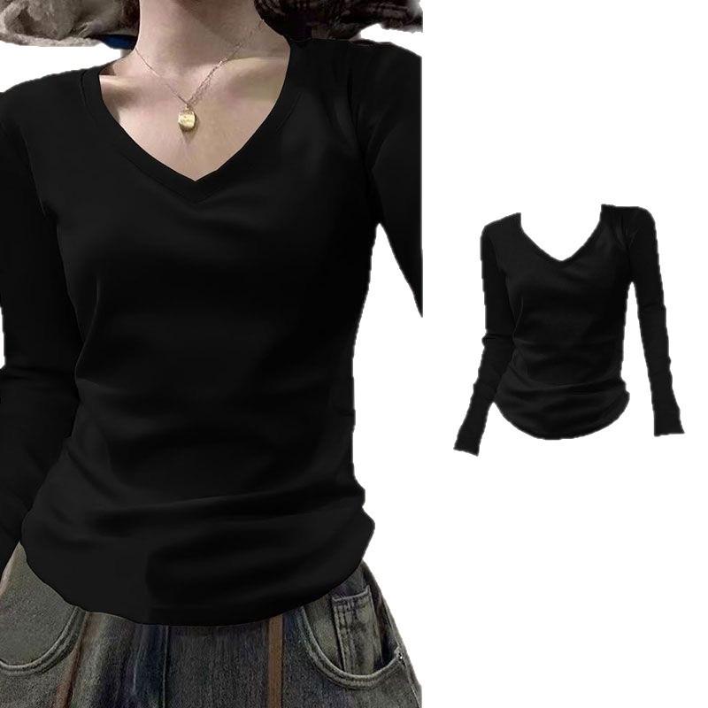 Women's Slim Fit V-Neck Long-Sleeve Tee - Solid Color, Spring/Autumn 2025 Trendy Inner Layer