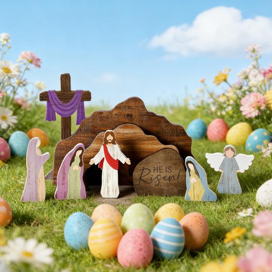 9Pcs/Set Empty Tomb Jesus Decoration Easter He Is Risen Wooden Table Sign Home Office Tabletop Resurrection Scene Christian Religious Ornament