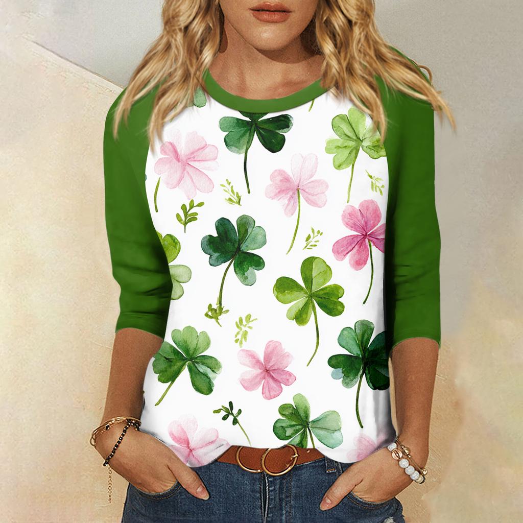 Women's St. Patrick's Day Print Round Neck Three-Quarter Sleeve Top
