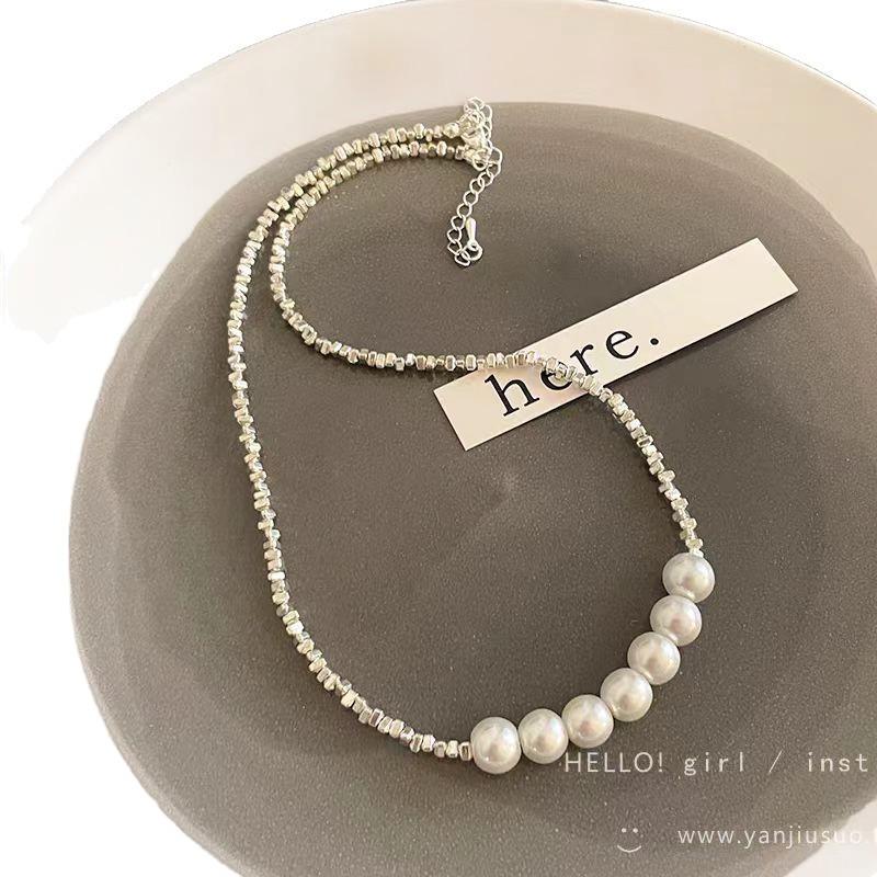 Broken Silver Pearl Splicing Necklace Women'S Light Luxury Niche Design Sense Neck Chain Earrings Temperament Collarbone Chain