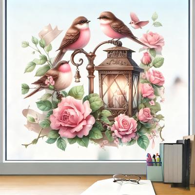 Painted Pink Bird Rose Lantern Static Cling Window Sticker Removable Self-Adhesive Living Room Bedroom Study Room Glass Decor Art